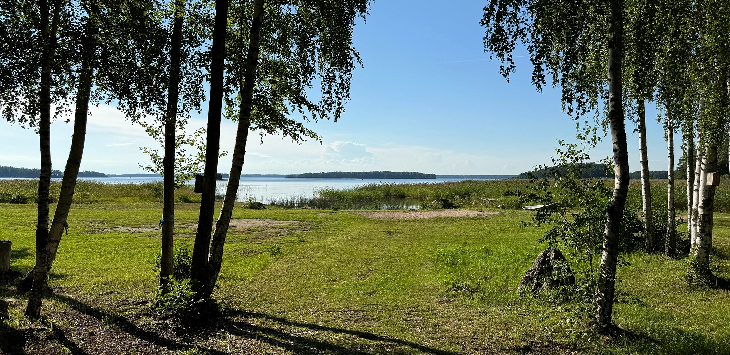 A grassy area with scattered trees leads to a calm lake under a clear blue sky, with distant tree-covered islands visible on the horizon.