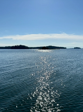 A calm body of water with sunlight reflecting on the surface, small islands in the distance, and a clear blue sky above.