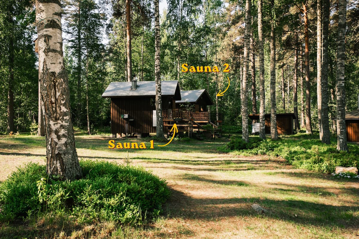 A small cabin in a wooded area with two labelled saunas, "Sauna 1" and "Sauna 2," surrounded by trees and greenery.