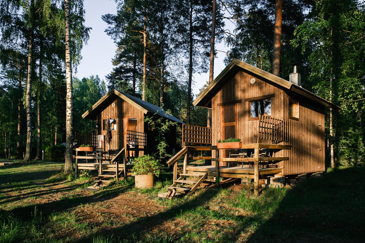 Two small wooden cabins stand side by side among tall trees in a sunlit forest clearing, with steps leading to their verandas.