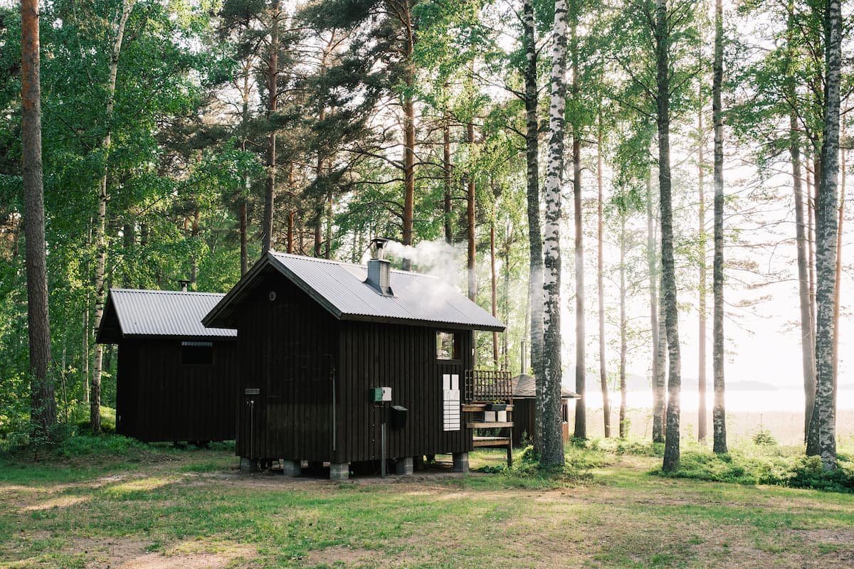 Two small dark wooden cabins sit among tall trees with smoke rising from one chimney; sunlight filters through the forest and grassy ground surrounds the buildings.