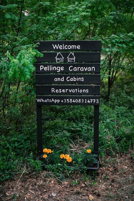 Wooden sign reads: "Welcome Pellinge Caravan and Cabins Reservations WhatsApp +358408314773." Surrounded by greenery and yellow flowers at the base.