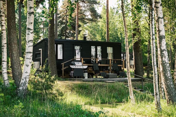 A small black cabin with a veranda and barbecue sits among tall trees and green grass in a wooded area on a sunny day.
