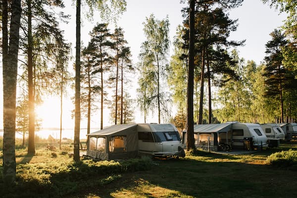 Several camper trailers are parked among tall trees in a sunlit forest near a lake, with sunlight streaming through the trees in the background.