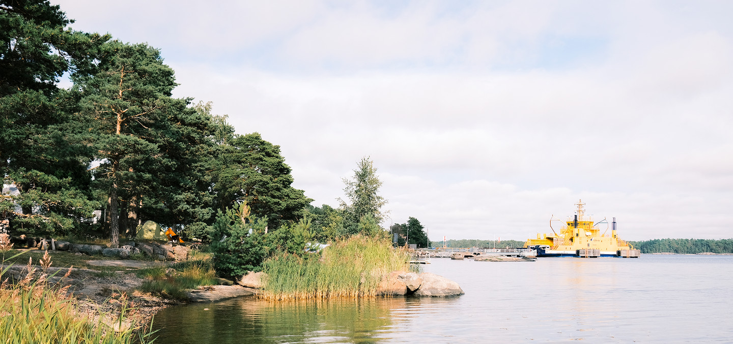 A shoreline with trees and reeds on the left, and a large yellow ship moored on the calm water to the right under a partly cloudy sky.